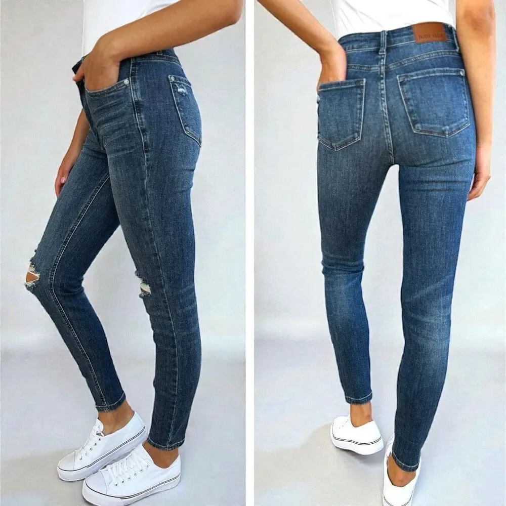 Judy Blue Mid Rise Distressed Slim Stretch Skinny Jeans Dark Wash – NWT